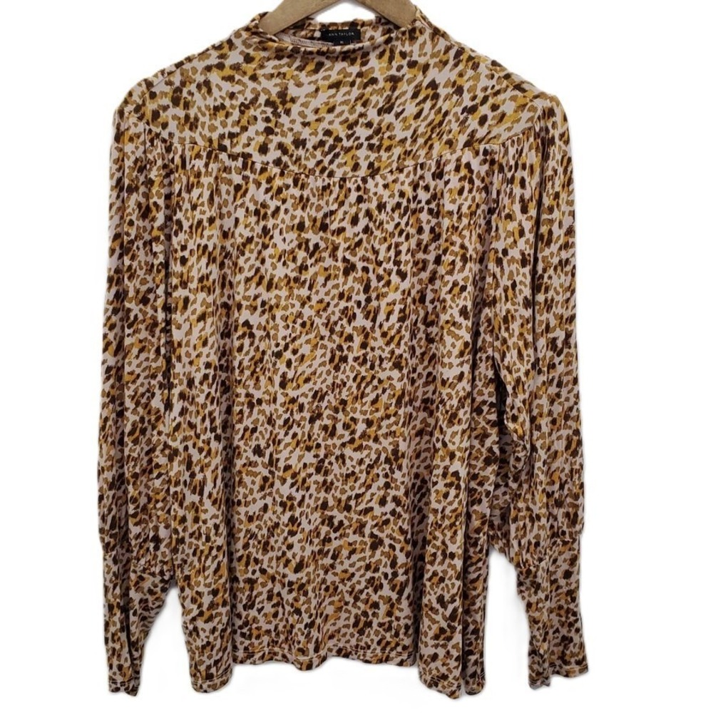 Ann Taylor Tan‎ Leopard Print Long Sleeve Mock Neck Modal Blouse Womens XL
